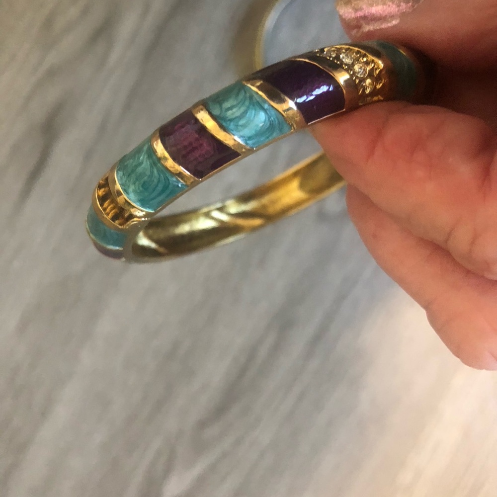 2 Gold-tone Turquoise & Purple Enamel Bangle Bracelet and one boho earrings NWOT